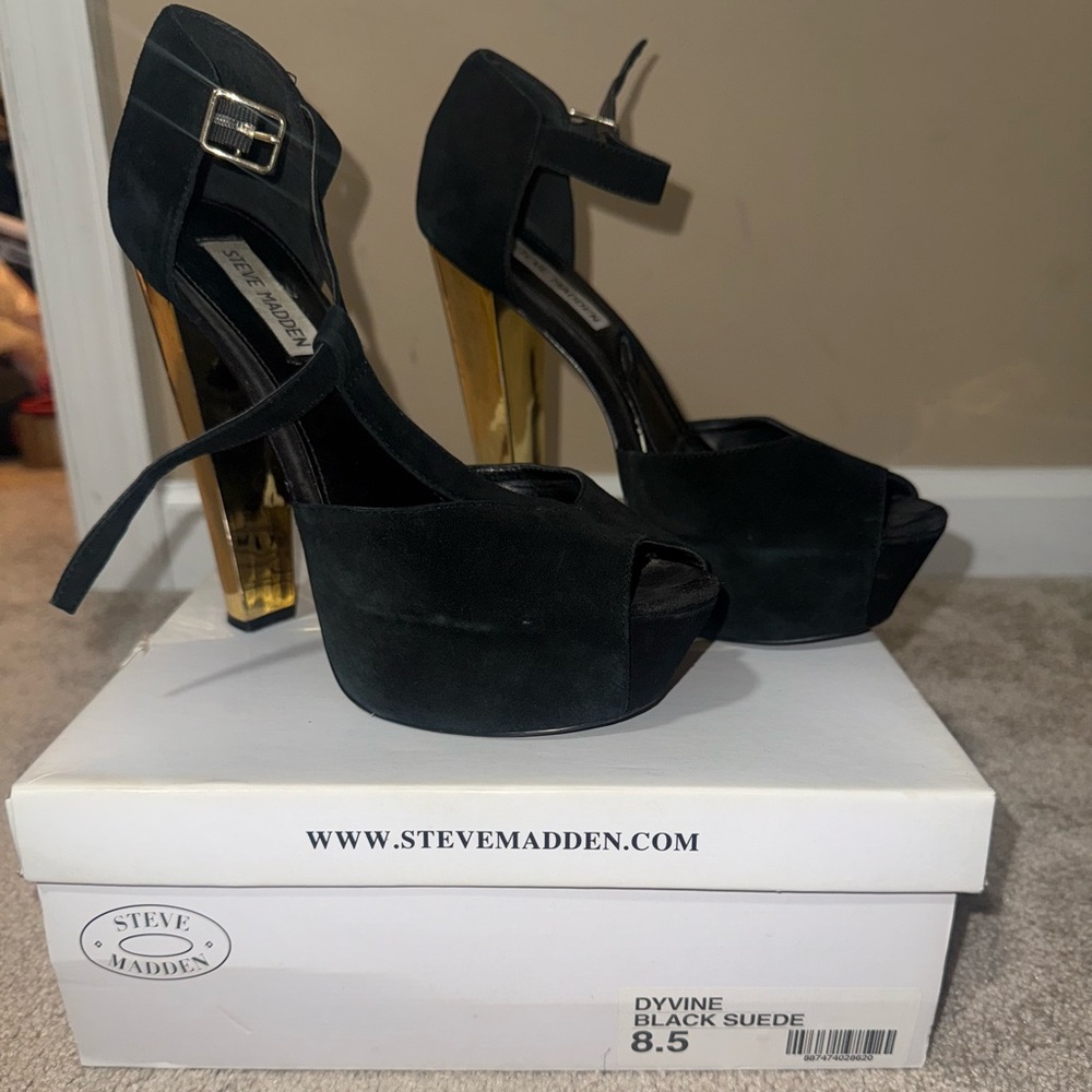 Steve Madden Black Suede Heels with Gold Accent